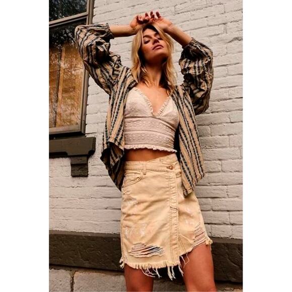 Free People Parker Wrap Denim Mini Skirt Butter Cream - Picture 1 of 16